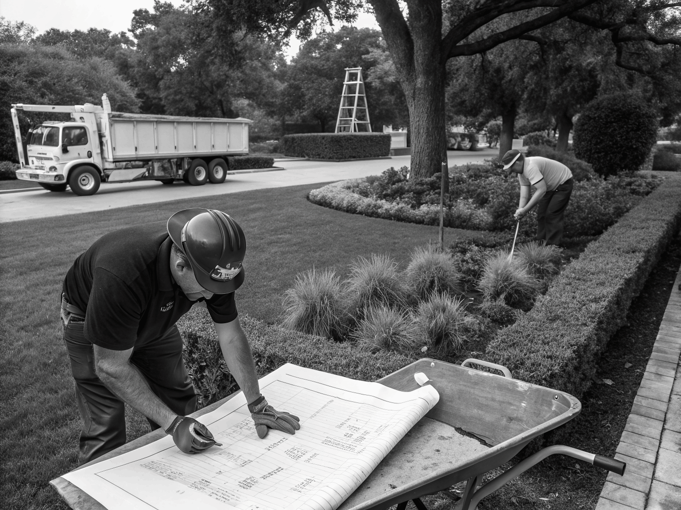 Stevland landscape crew installing natural stone pavers and planting shrubs on a residential site