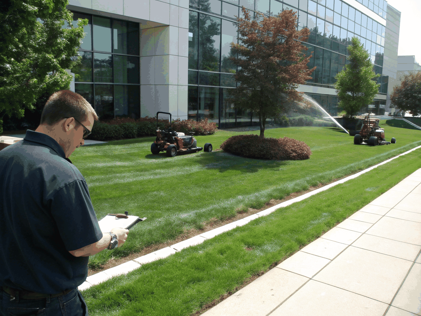 Cleanly landscaped commercial office park with manicured greenery