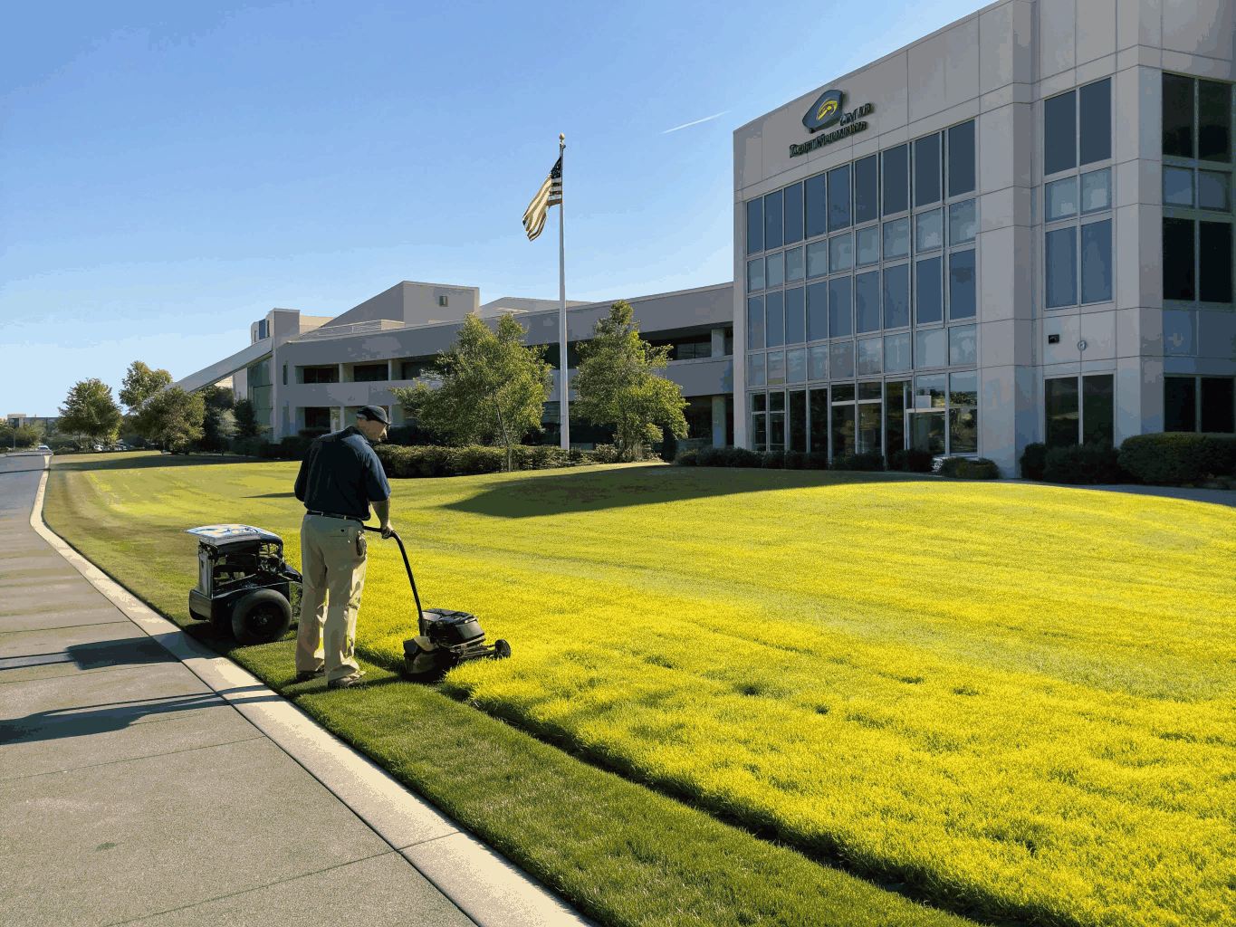 Pristine commercial office lawn with manicured perimeter hedges