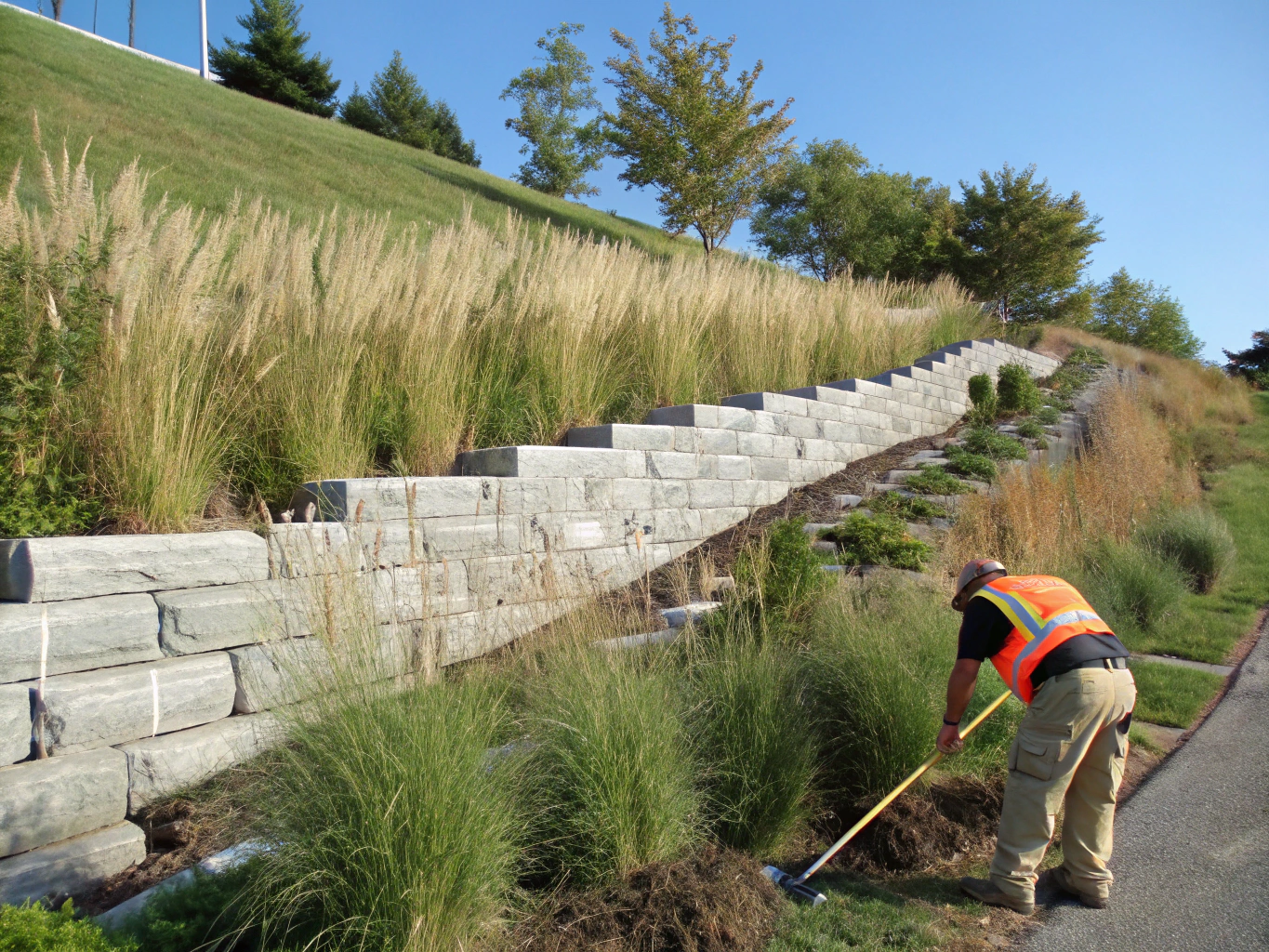 Stevland landscape crew laying sub-base aggregate and verifying laser level alignment for a retaining wall