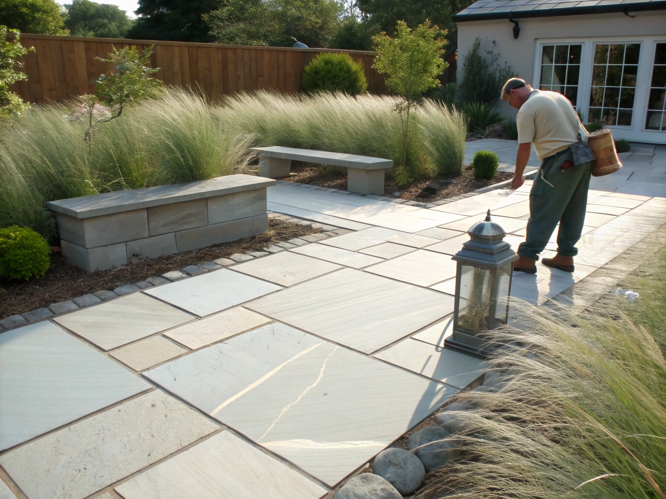 Custom stone patio and landscaped outdoor living area