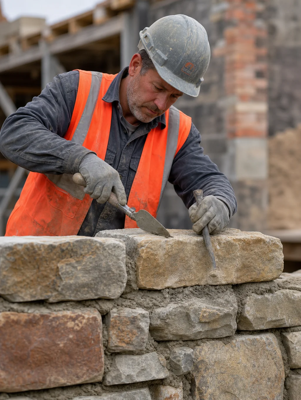 Stevland lead craftsman inspecting finished stone masonry on a residential project site