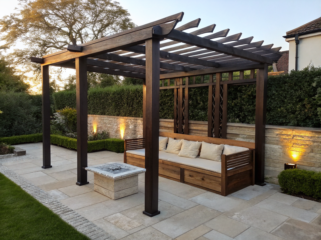 Finished residential landscape project featuring manicured lawn, natural stone retaining walls, and timber pergola