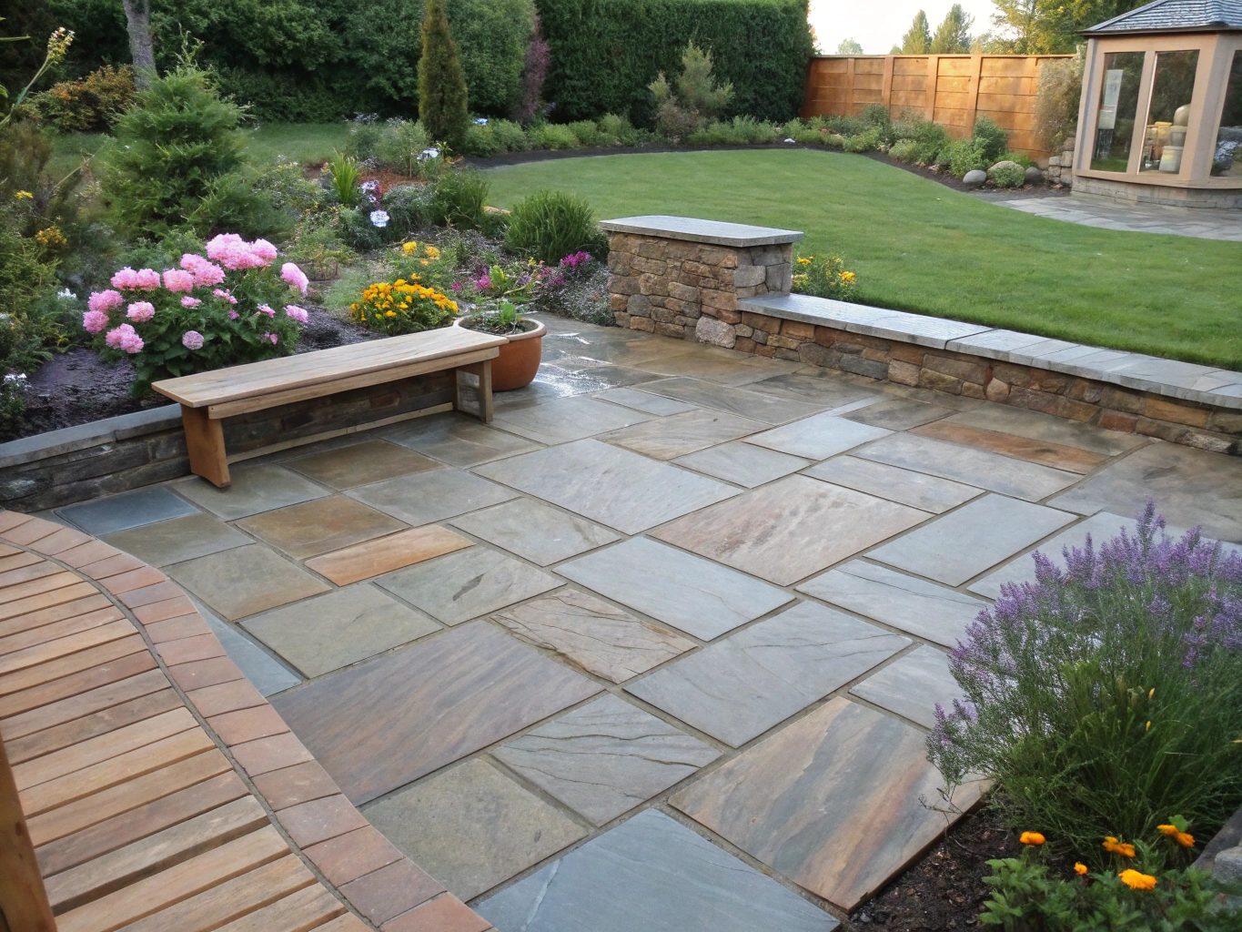 Modern stone patio with built-in cedar seating and native perennial garden beds