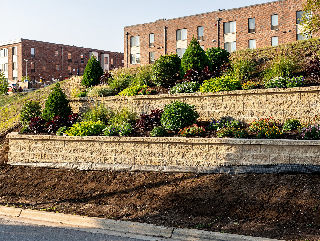 Multi-level stone retaining wall with tiered garden