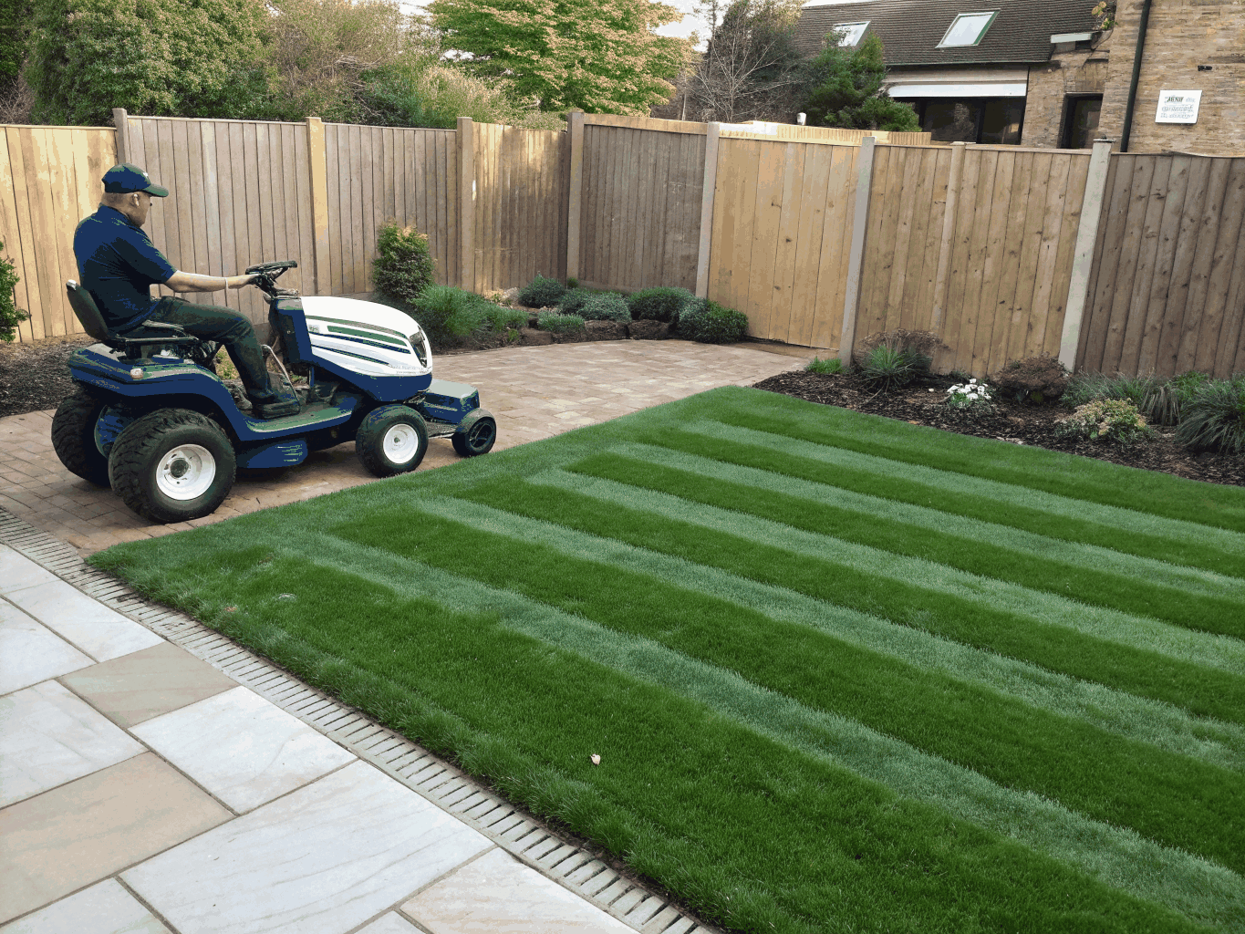 Manicured residential green lawn with clean edges and healthy shrubbery