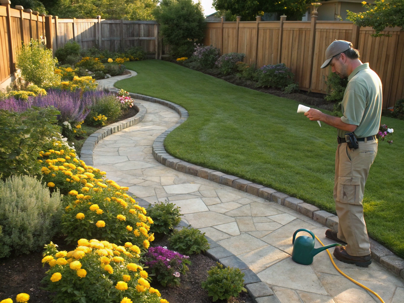 Sara Johnson, residential maintenance supervisor inspecting healthy landscape foliage