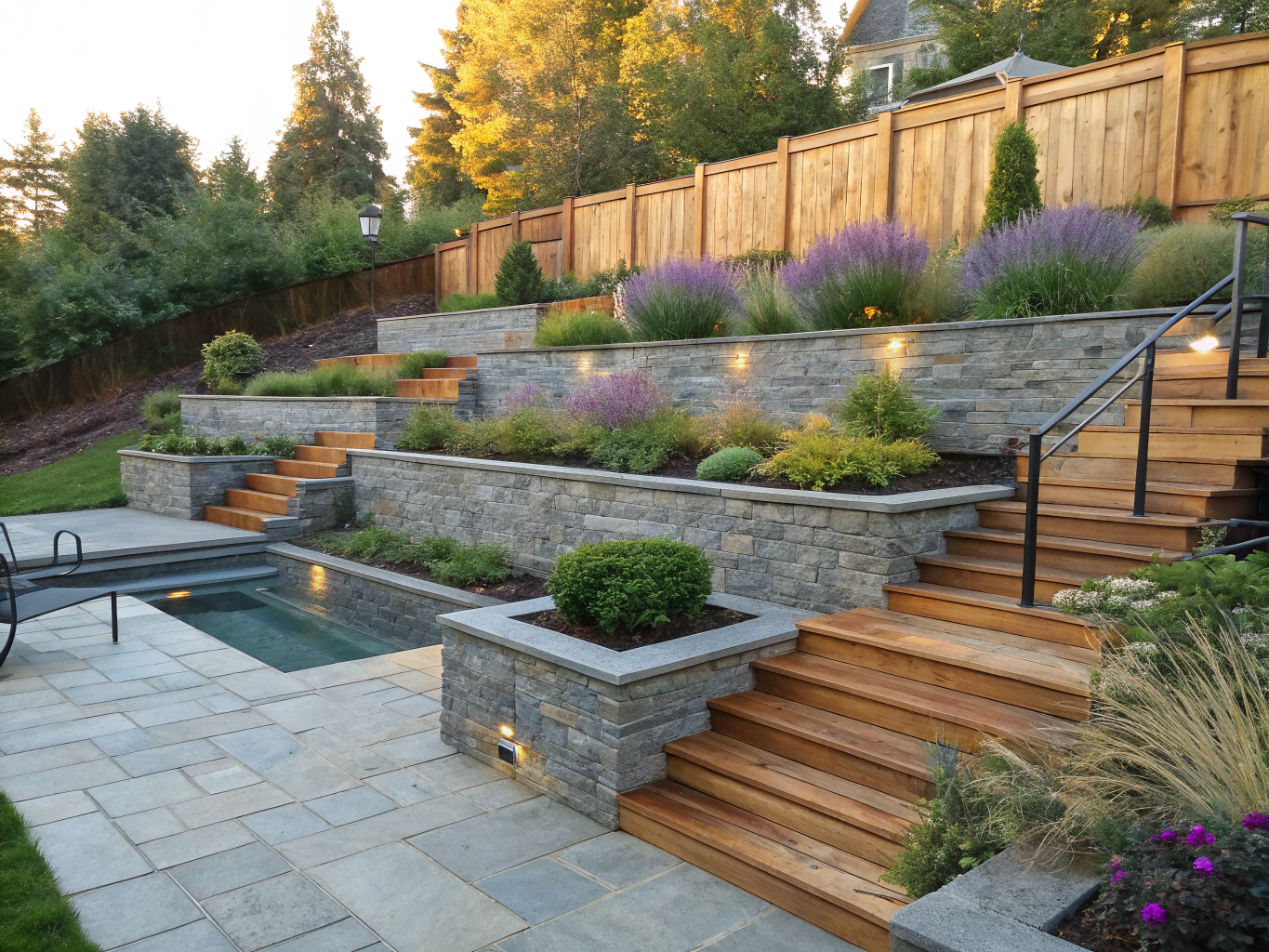 Custom residential terraced backyard with natural stone steps and tiered planting beds